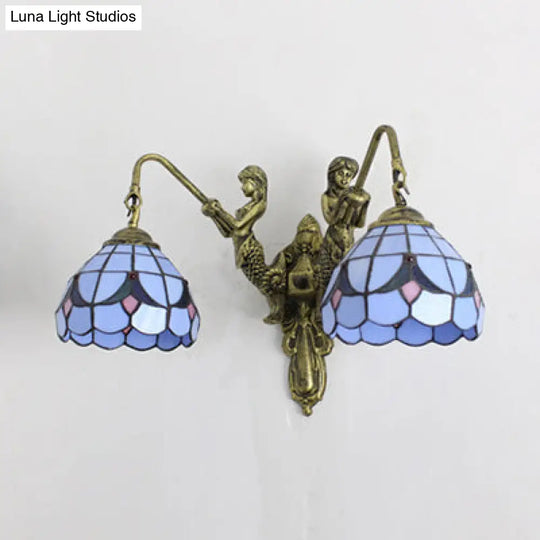 Tiffany Blue Glass Dome Wall Sconce Light - Antique Brass Finish With Baroque/Square Pattern 2 Heads