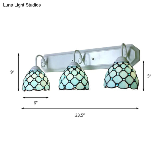 Tiffany Blue Glass Dome Wall Sconce With 3 Heads And Linear Backplate - Mountable Light Fixture