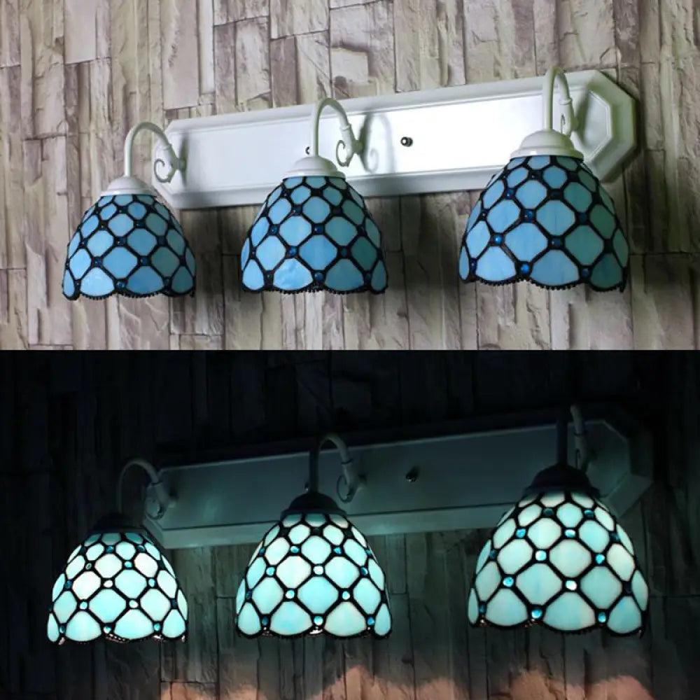 Tiffany Blue Glass Dome Wall Sconce With 3 Heads And Linear Backplate - Mountable Light Fixture