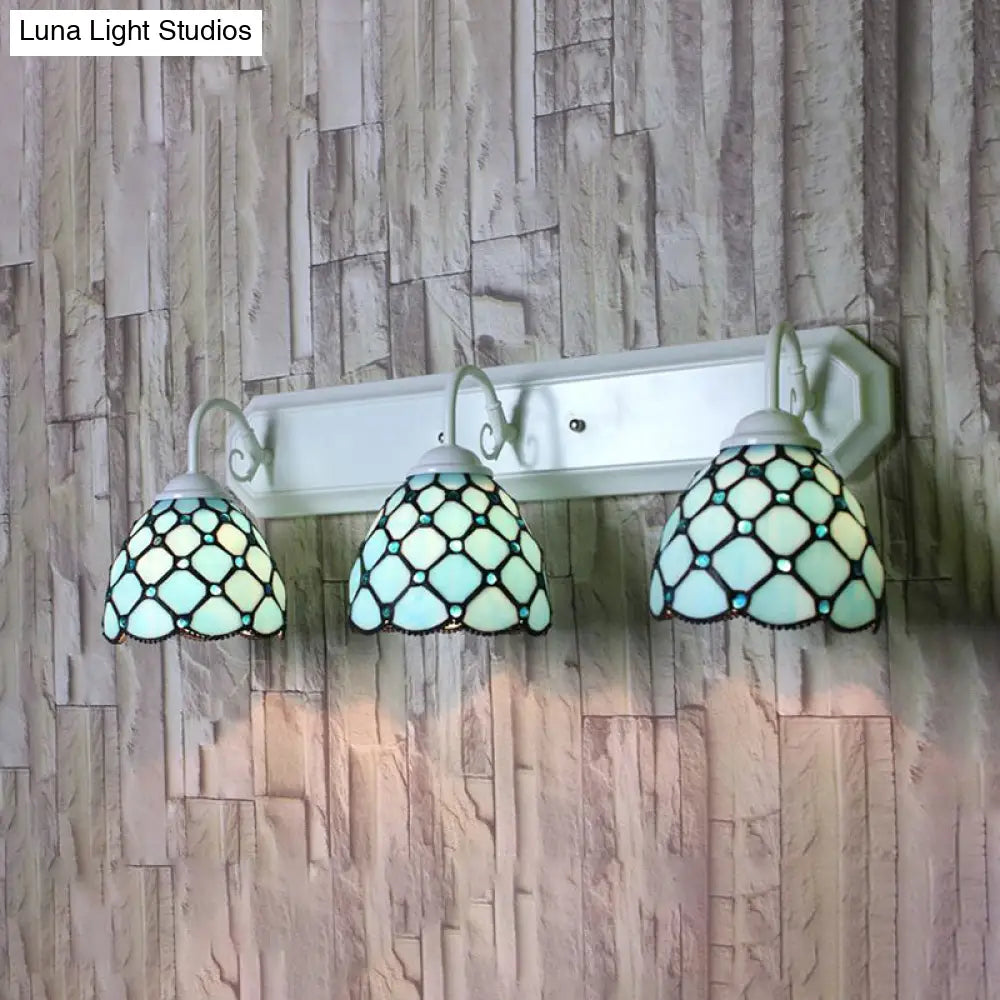 Tiffany Blue Glass Dome Wall Sconce With 3 Heads And Linear Backplate - Mountable Light Fixture