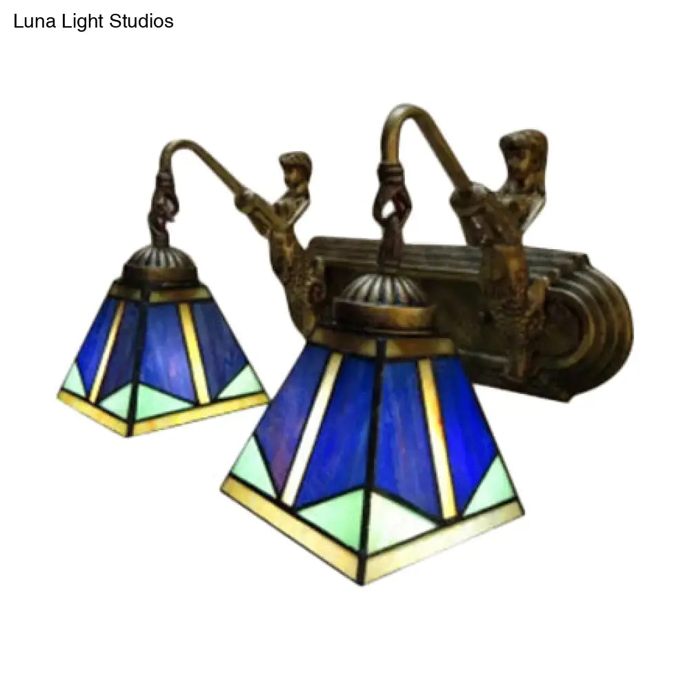 Tiffany Blue Glass Pyramid Wall Light Antique Brass Sconce Fixture