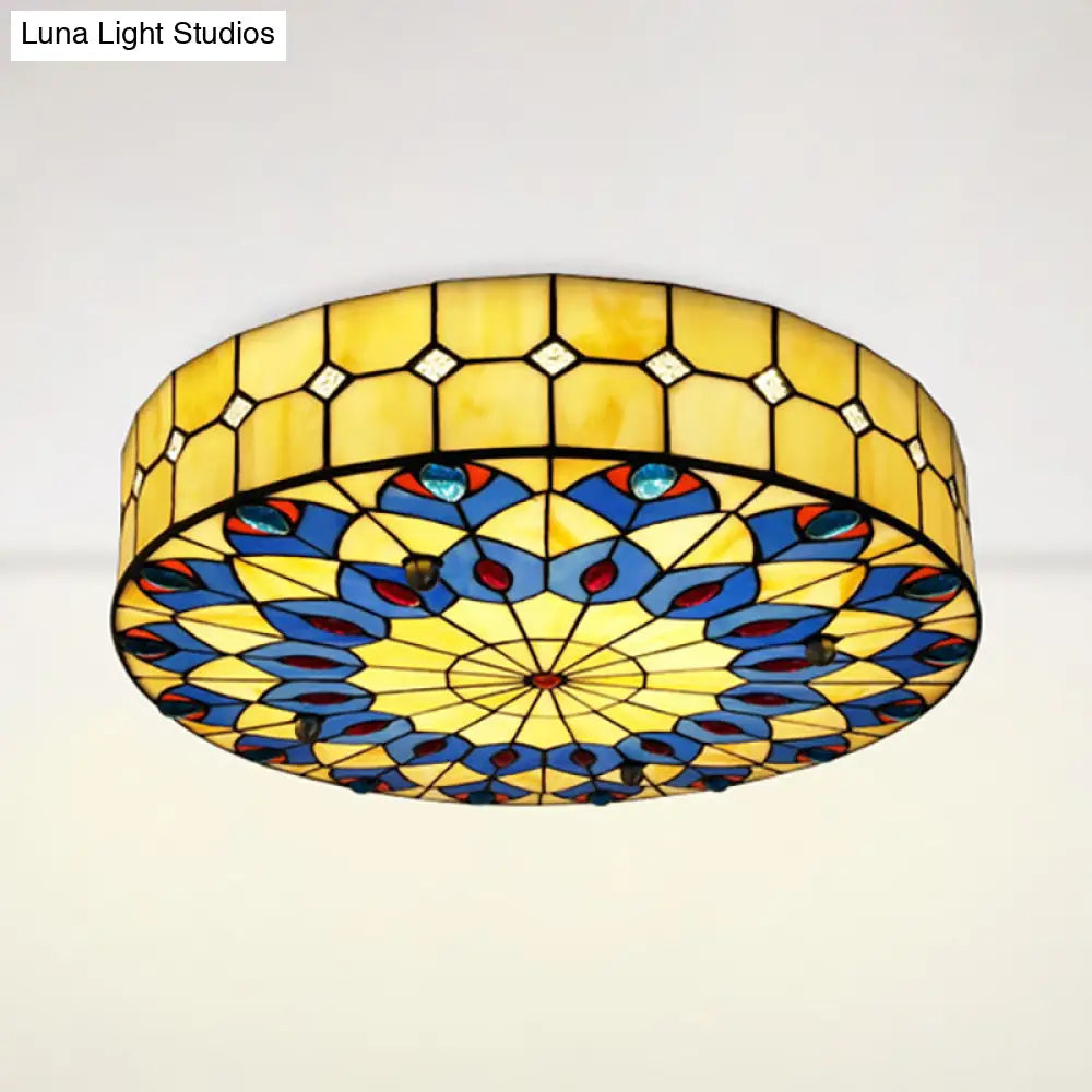 Tiffany Blue Peacock Design Flushmount Ceiling Light For Restaurants - 16’/18’ Round Shade