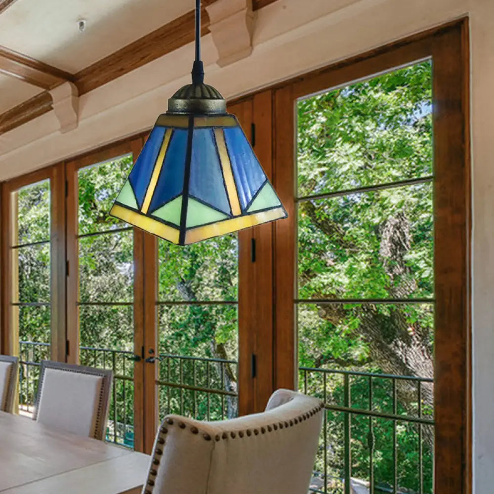 Tiffany Blue Pendant Light With Stained Glass Shade - Elegant Dining Room Ceiling Lighting /