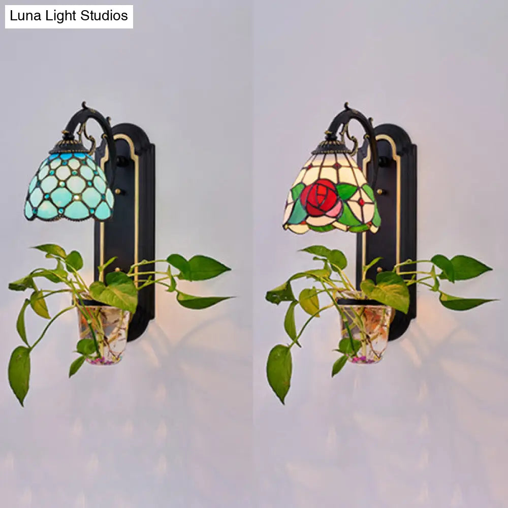 Tiffany Blue/Red Stained Glass Wall Sconce Light Fixture - 1 Head Dome With Plant Design