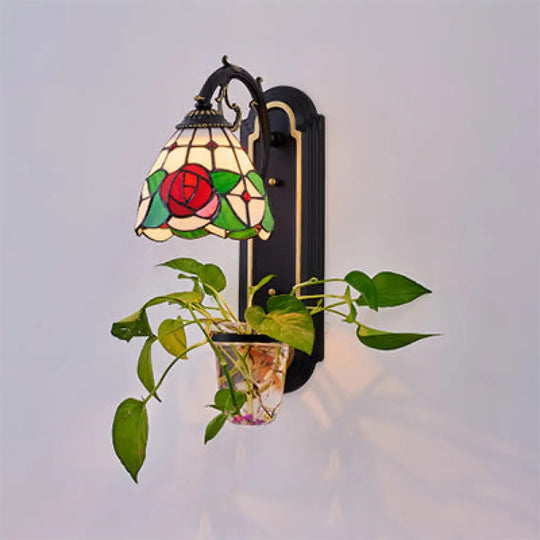 Tiffany Blue/Red Stained Glass Wall Sconce Light Fixture - 1 Head Dome With Plant Design Red