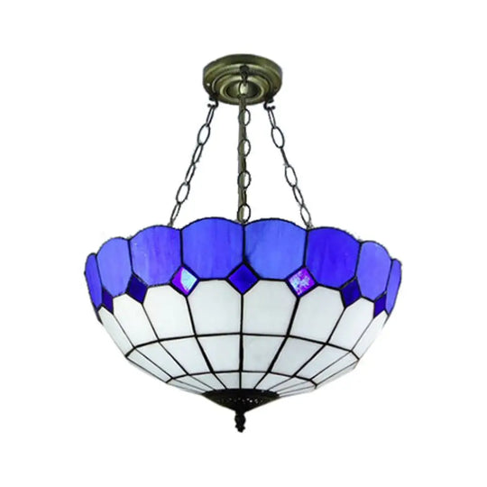 Tiffany Blue Stained Glass Bowl Ceiling Lamp - Cafe Lattice Inverted Mount Light (12’/18’ W) / 16’