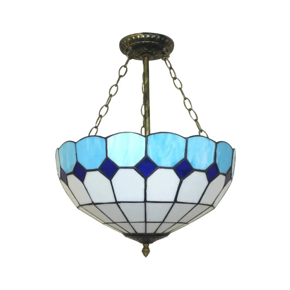 Tiffany Blue Stained Glass Bowl Ceiling Lamp - Cafe Lattice Inverted Mount Light (12’/18’ W) / 12’