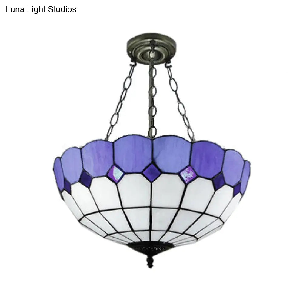 Tiffany Blue Stained Glass Bowl Ceiling Lamp - Cafe Lattice Inverted Mount Light (12/18 W)