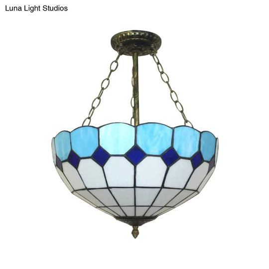 Tiffany Blue Stained Glass Bowl Ceiling Lamp - Cafe Lattice Inverted Mount Light (12/18 W) / 12