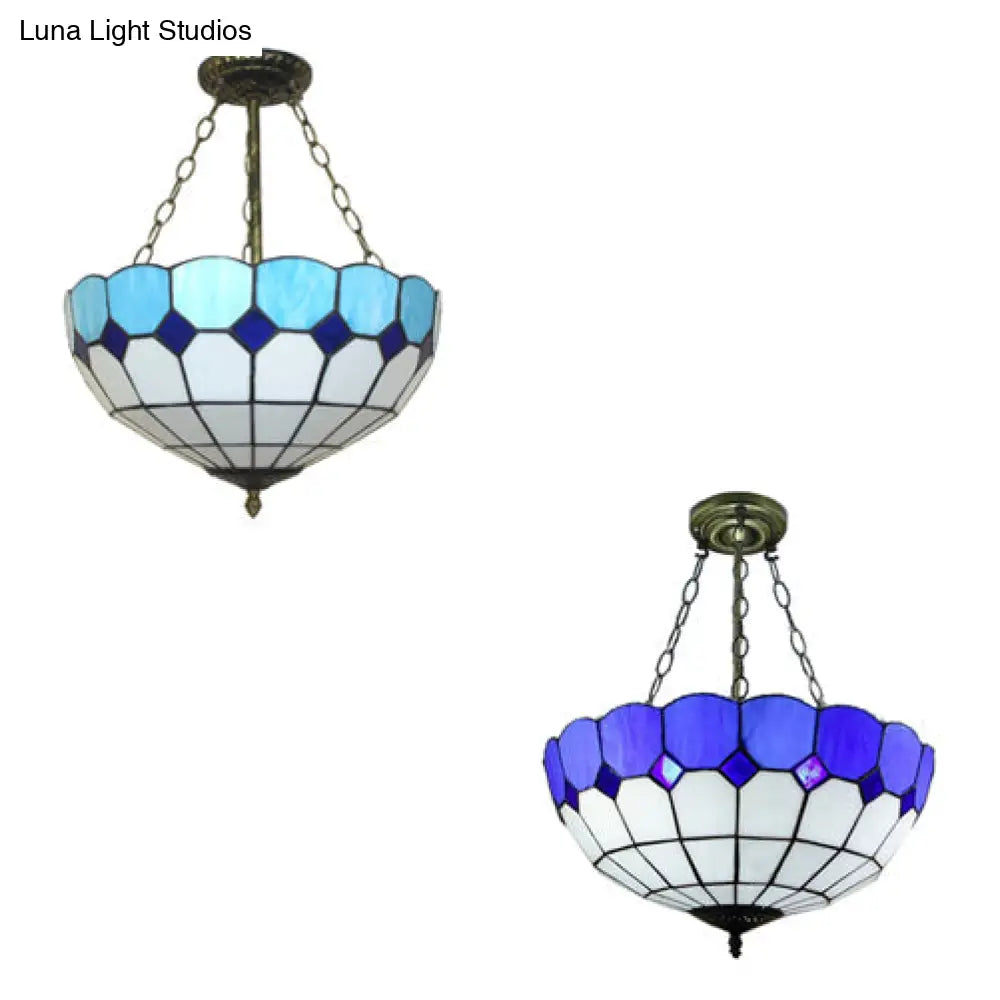 Tiffany Blue Stained Glass Bowl Ceiling Lamp - Cafe Lattice Inverted Mount Light (12’/18’ W)