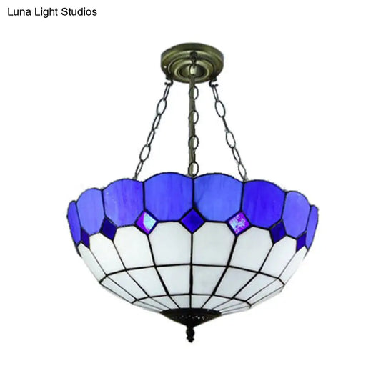 Tiffany Blue Stained Glass Bowl Ceiling Lamp - Cafe Lattice Inverted Mount Light (12/18 W) / 16