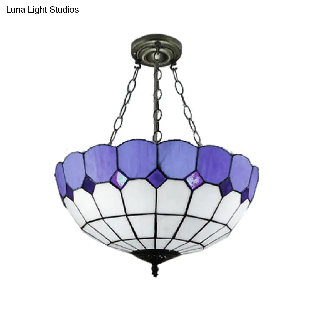 Tiffany Blue Stained Glass Bowl Ceiling Lamp - Cafe Lattice Inverted Mount Light (12’/18’ W)