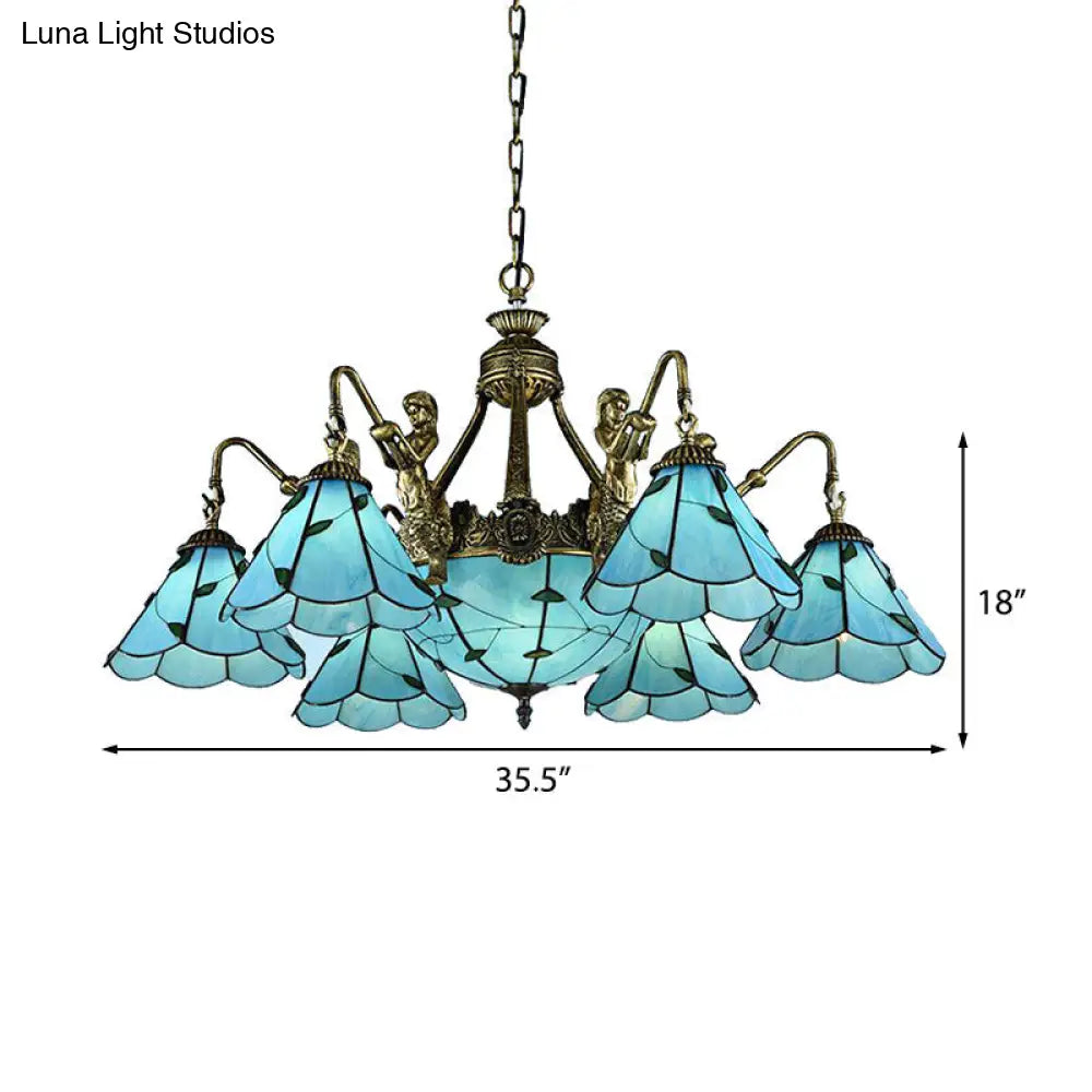 Tiffany Blue Chandelier Light: 9-Lights Dining Room Ceiling Lamp With Stained Glass Cone Shade