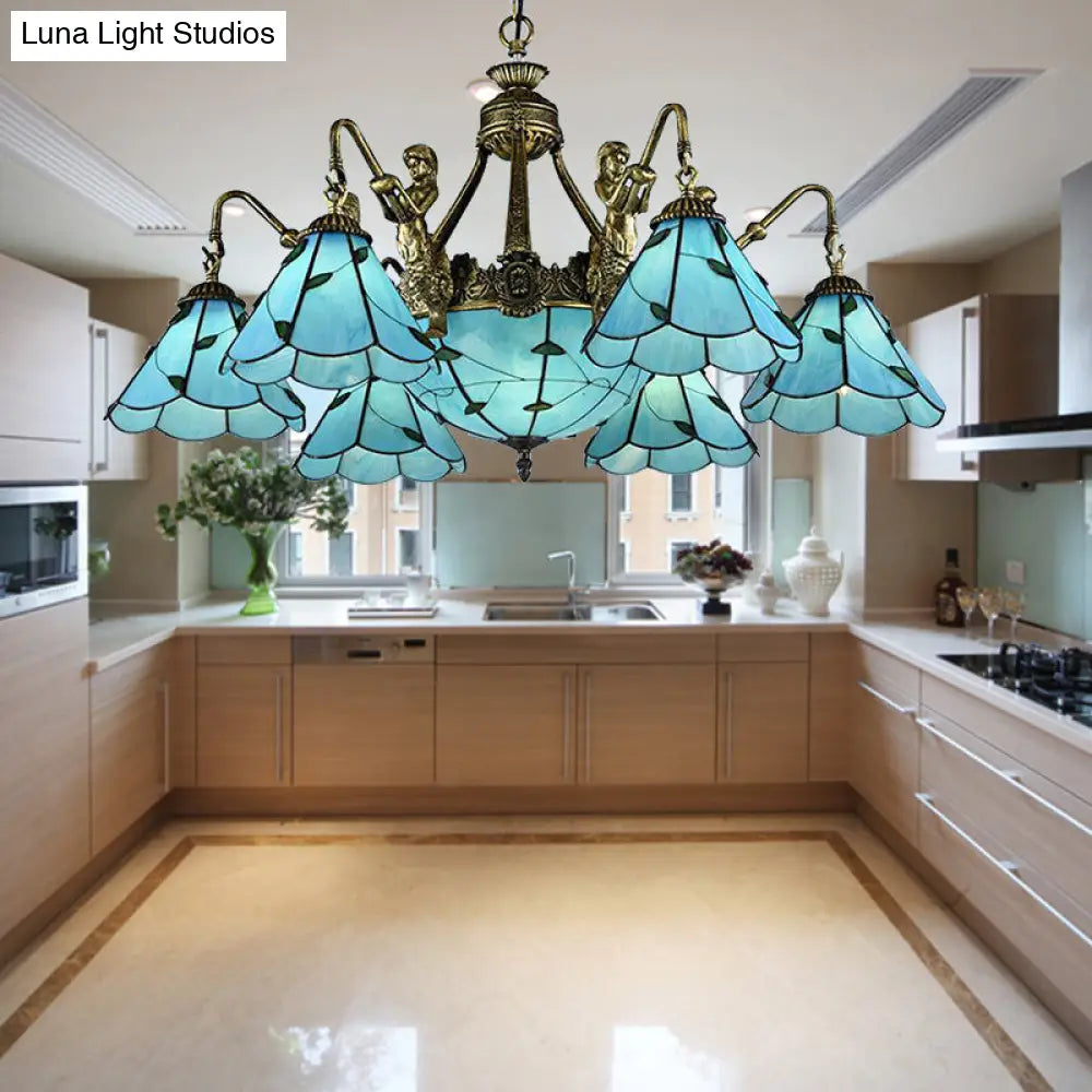 Tiffany Blue Chandelier Light: 9-Lights Dining Room Ceiling Lamp With Stained Glass Cone Shade