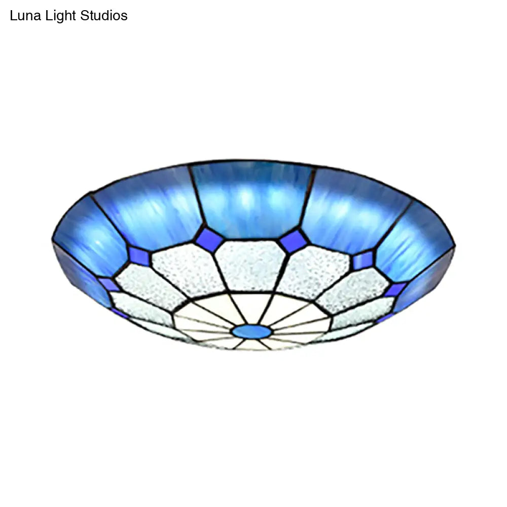 Tiffany Blue Stained Glass Flush Ceiling Light With Bowl Shade - Perfect For Living Room