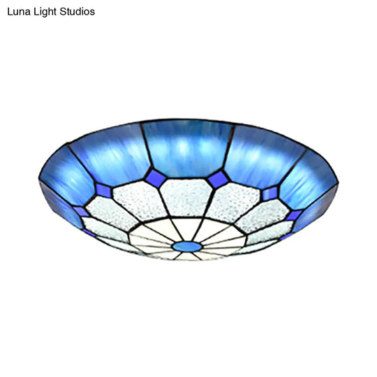 Tiffany Blue Stained Glass Flush Ceiling Light With Bowl Shade - Perfect For Living Room