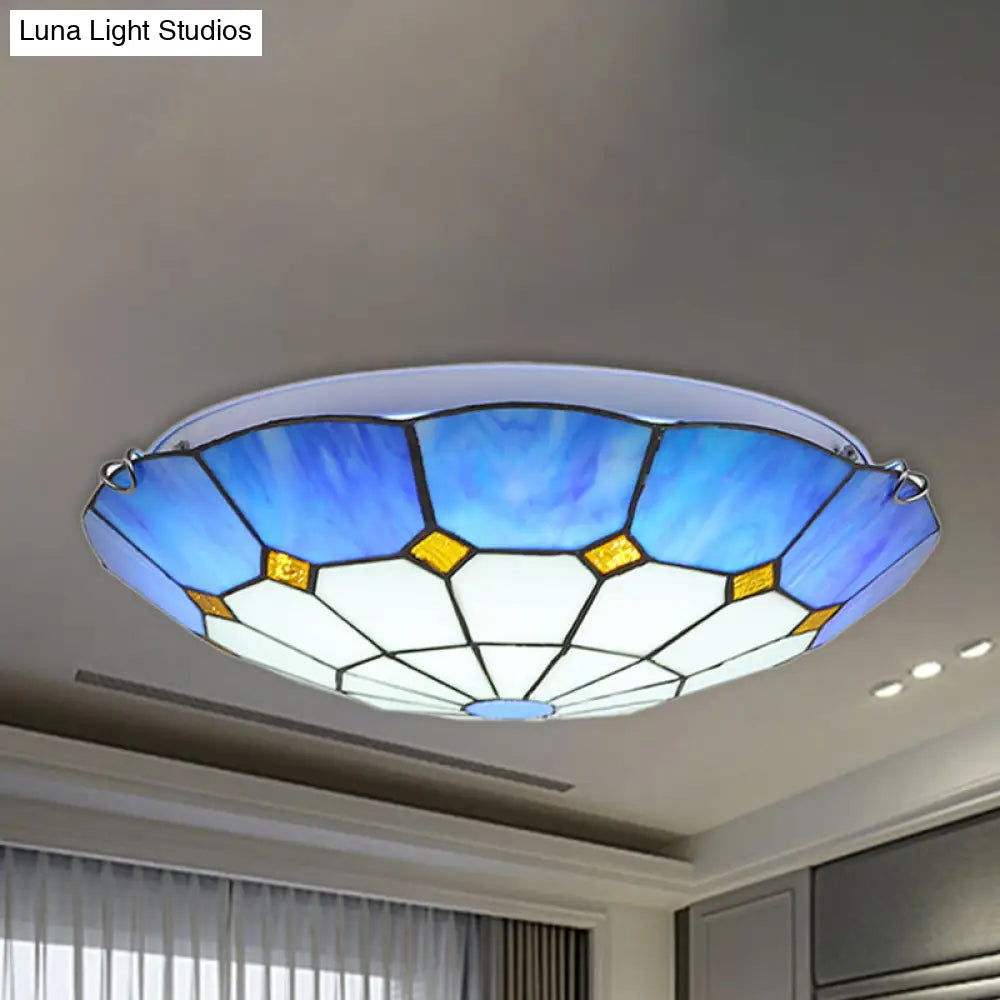 Tiffany Blue Stained Glass Flush Ceiling Light With Bowl Shade - Perfect For Living Room