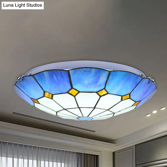 Tiffany Blue Stained Glass Flush Ceiling Light With Bowl Shade - Perfect For Living Room