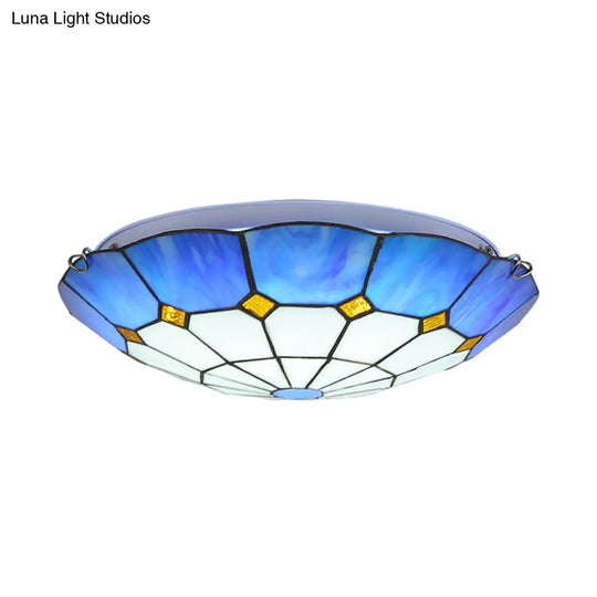 Tiffany Blue Stained Glass Flush Ceiling Light With Bowl Shade - Perfect For Living Room