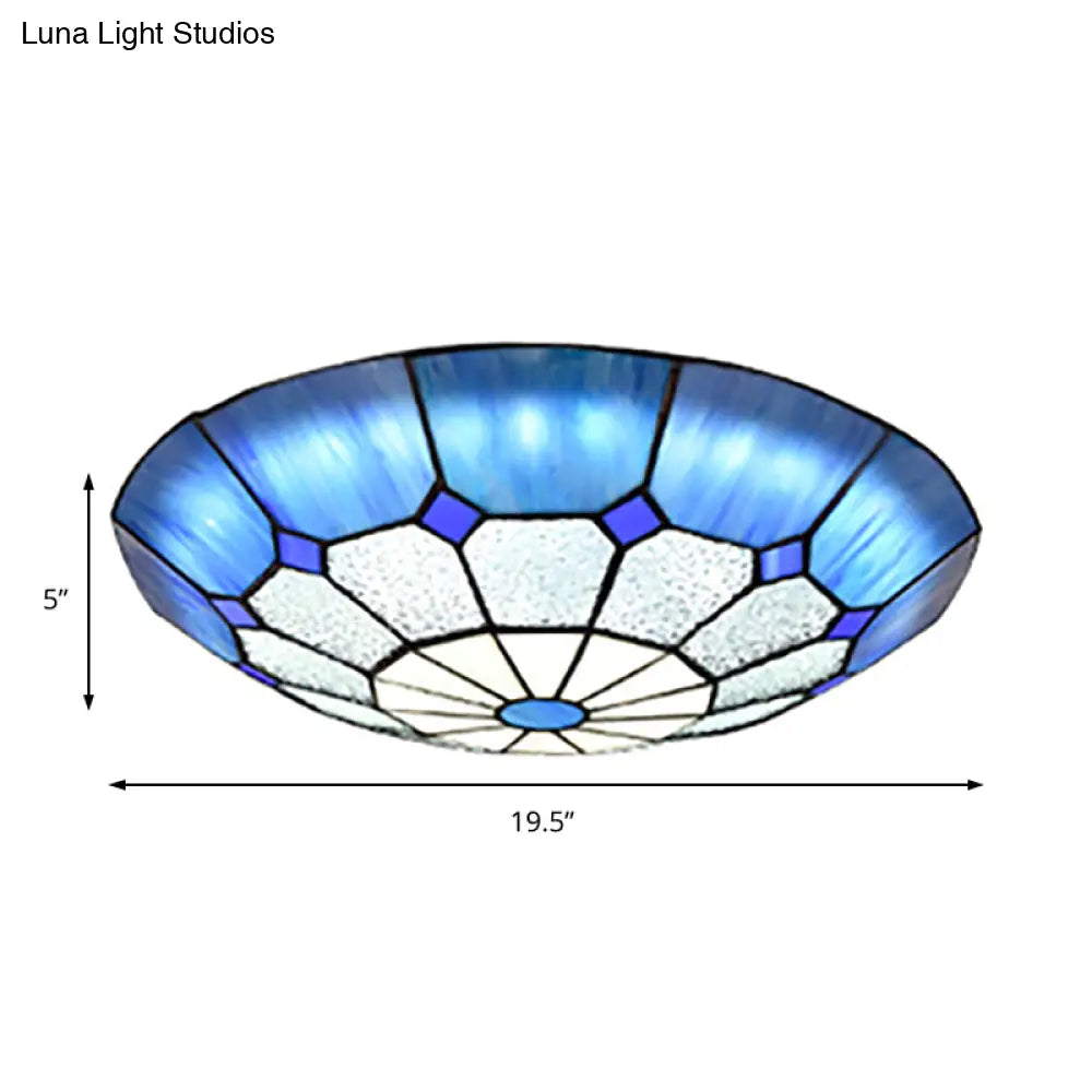 Tiffany Blue Stained Glass Flush Ceiling Light With Bowl Shade - Perfect For Living Room