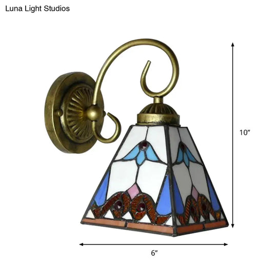 Tiffany Blue Stained Glass Wall Sconce With Scrolling Arm - 1 Head Pyramid Light Fixture