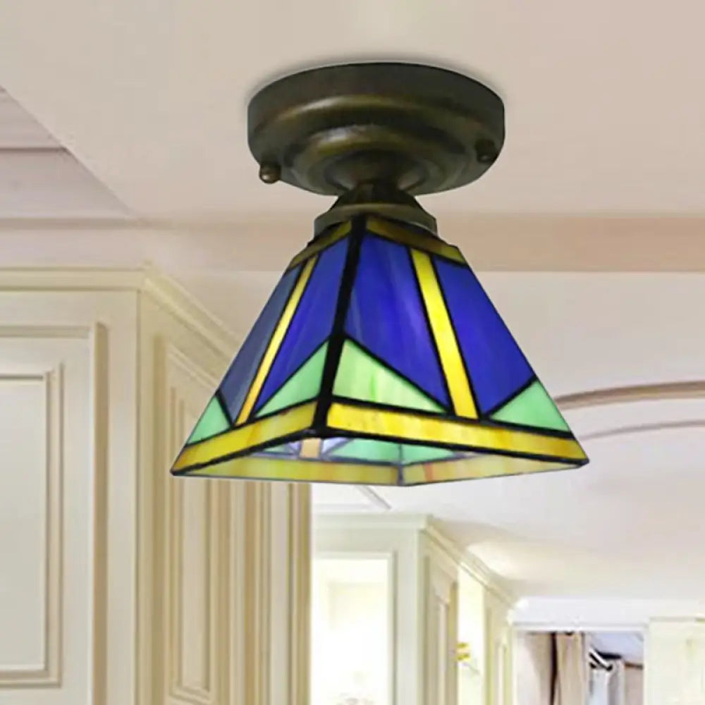 Tiffany Blue Vintage Ceiling Light: Compact Glass Flushmount For Hallways