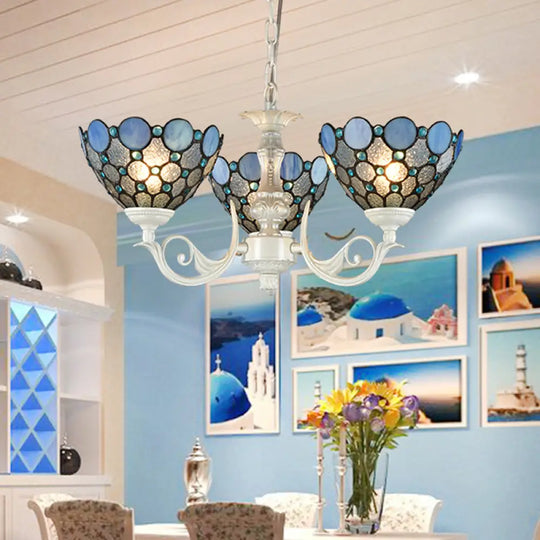 Tiffany Bowl Chandelier Lighting With 3/5 Lights - Cut Glass Hanging Lamp In White For Bedroom