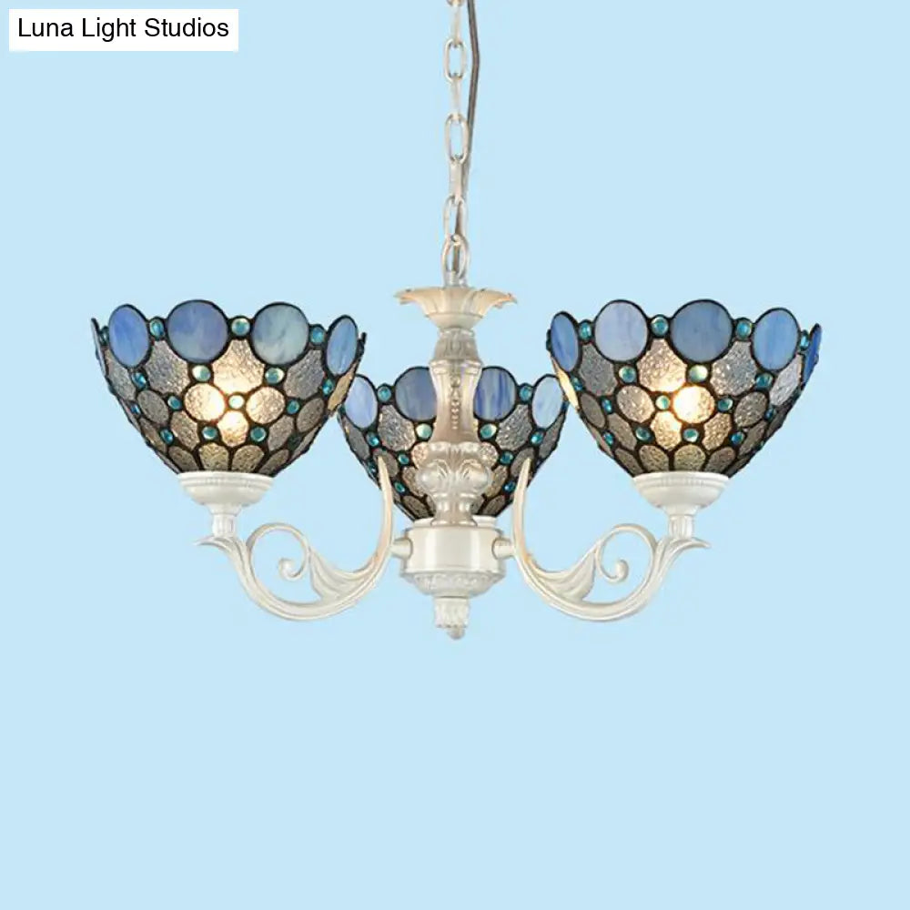 Tiffany Bowl Chandelier Lighting With 3/5 Lights - Cut Glass Hanging Lamp In White For Bedroom