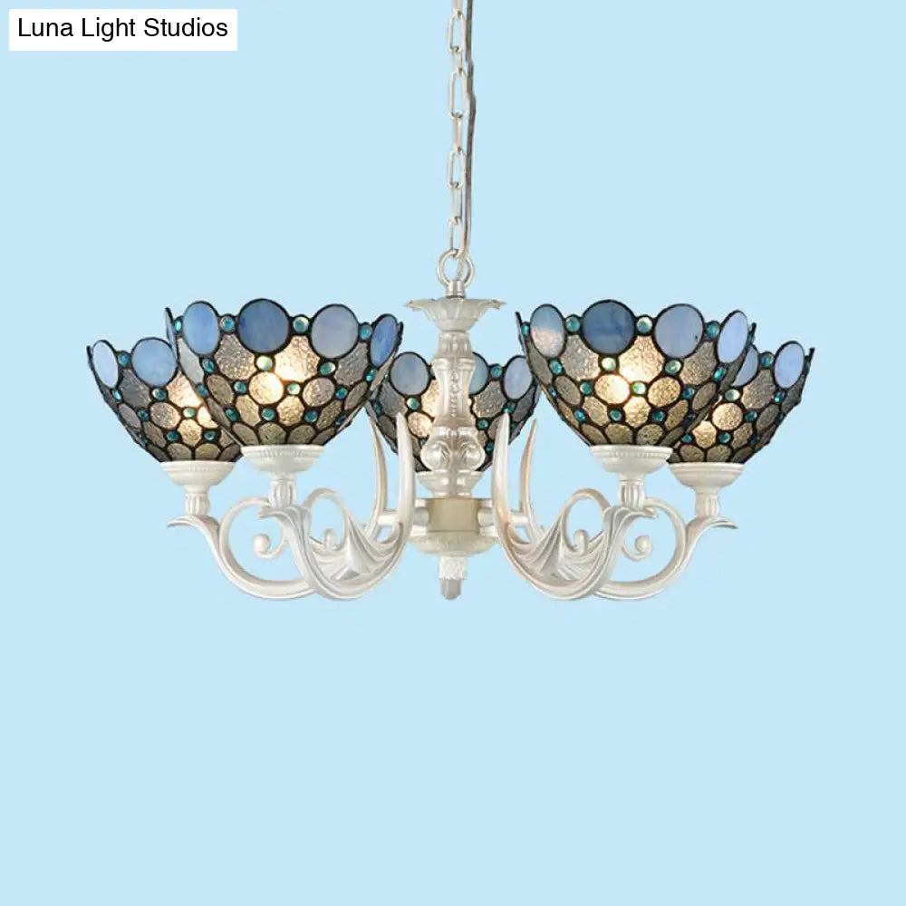 Tiffany Bowl Chandelier Lighting With 3/5 Lights - Cut Glass Hanging Lamp In White For Bedroom