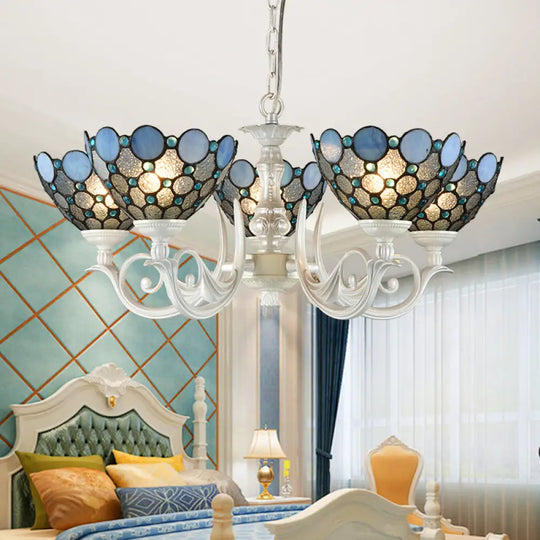 Tiffany Bowl Chandelier Lighting With 3/5 Lights - Cut Glass Hanging Lamp In White For Bedroom