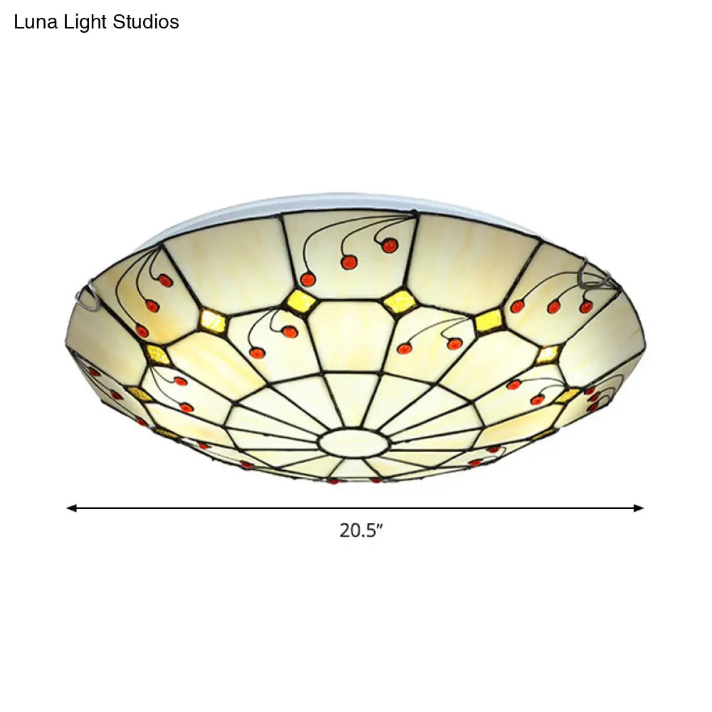 Tiffany Bowl Flush Light Fixture - Led Stained Glass Ceiling Mounted Lighting In Beige For Living