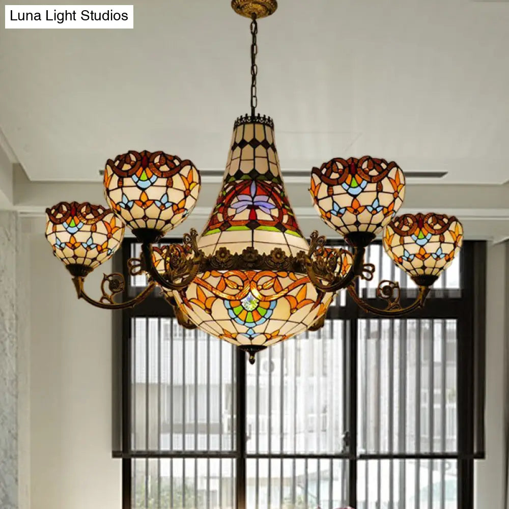 Tiffany Brass Dining Room Chandelier - 11/13 Lights Pendant With Stained Glass Shade 39/47 Width