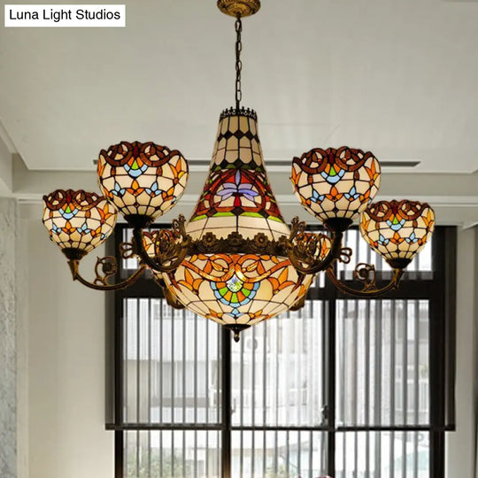 Tiffany Brass Dining Room Chandelier - 11/13 Lights Pendant With Stained Glass Shade 39/47 Width