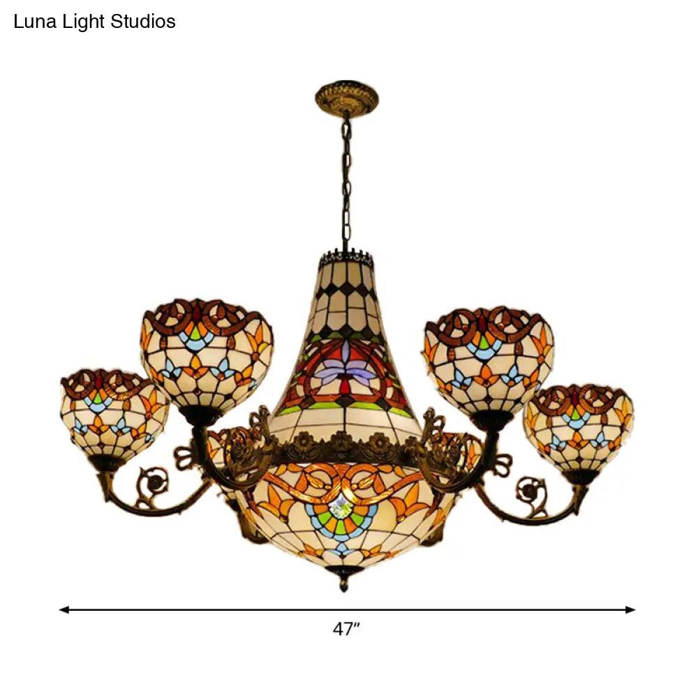 Tiffany Brass Dining Room Chandelier - 11/13 Lights Pendant With Stained Glass Shade 39/47 Width