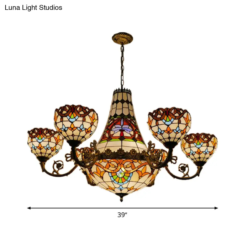 Tiffany Brass Dining Room Chandelier - 11/13 Lights Pendant With Stained Glass Shade 39/47 Width