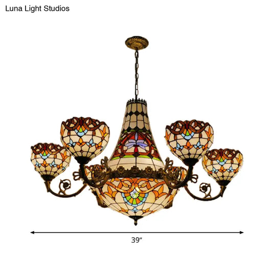 Tiffany Brass Dining Room Chandelier - 11/13 Lights Pendant With Stained Glass Shade 39/47 Width