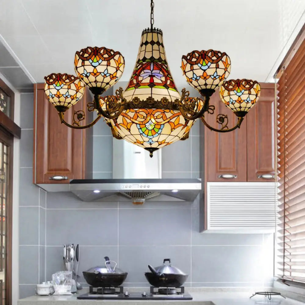 Tiffany Brass Dining Room Chandelier - 11/13 Lights Pendant With Stained Glass Shade 39/47 Width /