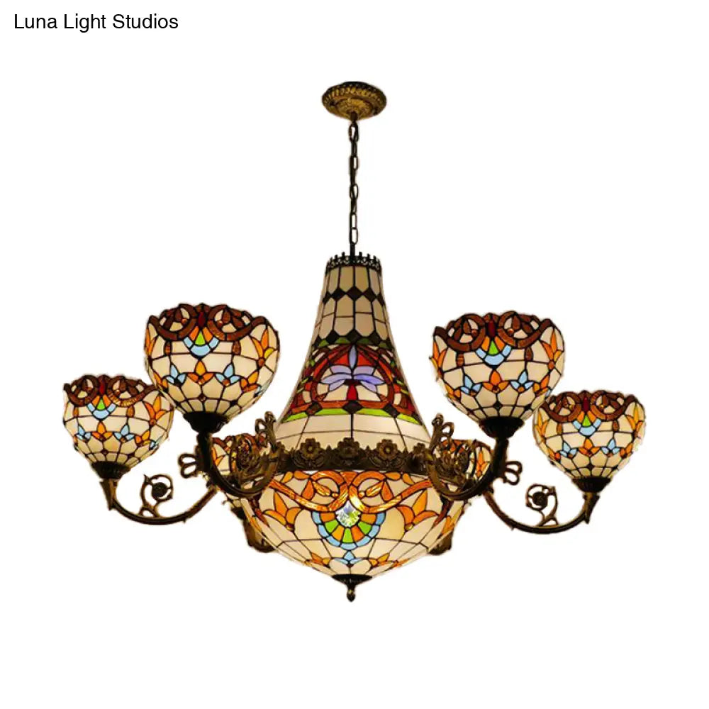 Tiffany Brass Dining Room Chandelier - 11/13 Lights Pendant With Stained Glass Shade 39/47 Width