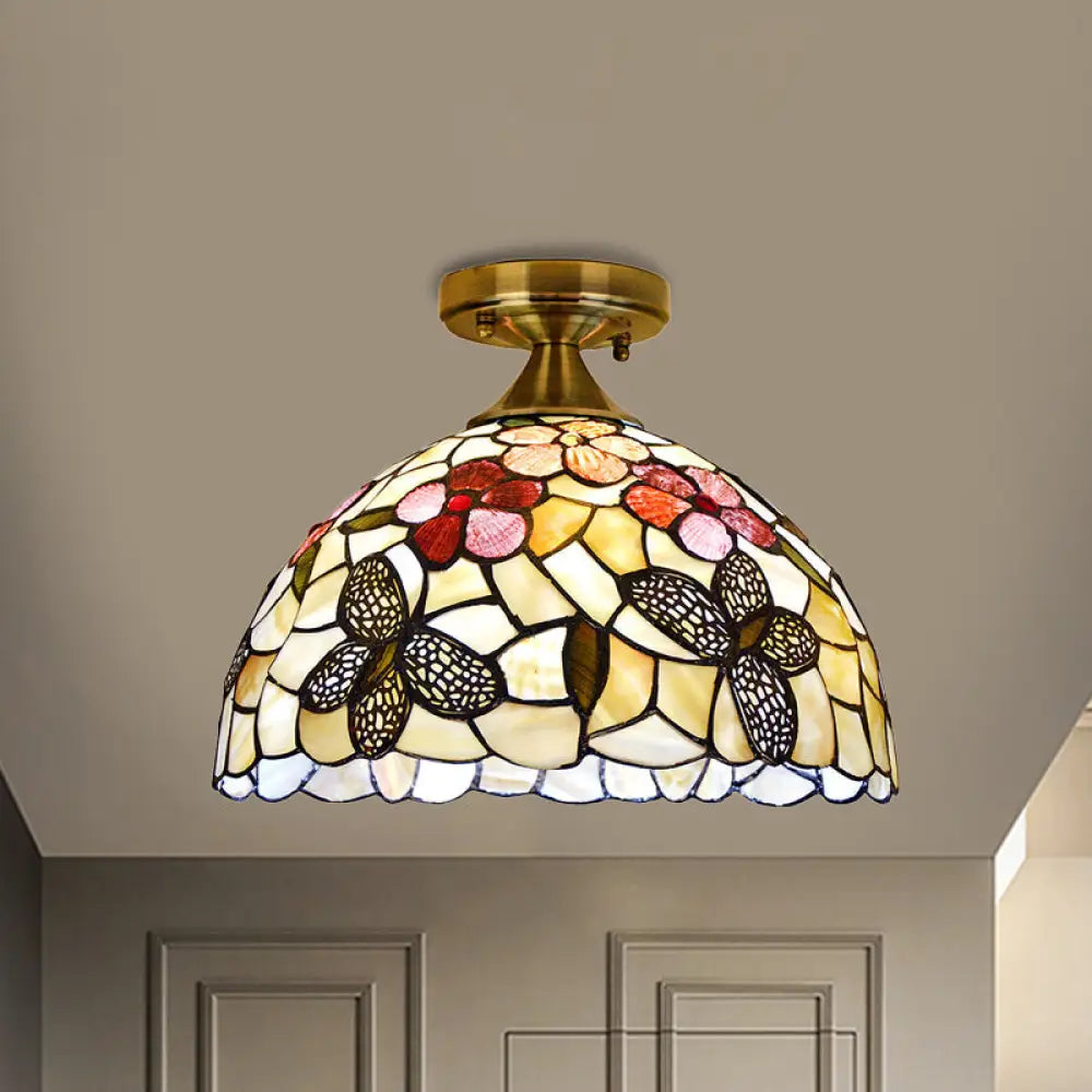 Tiffany Brass Flush Mount Kitchen Ceiling Light With Flower - Butterfly Shell Shade