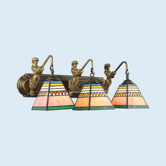 Tiffany Brass Sconce Light: Pyramid Green-Pink Wall Fixture With Mermaid Decor 3 Lights