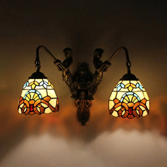 Tiffany Brass Stained Glass Wall Sconce With Victorian/Dragonfly Pattern - Multicolor Dome Lighting