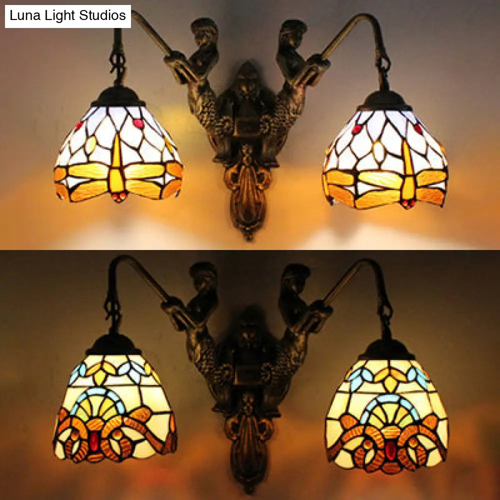 Tiffany Brass Stained Glass Wall Sconce With Victorian/Dragonfly Pattern - Multicolor Dome Lighting