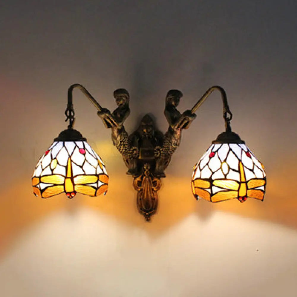 Tiffany Brass Stained Glass Wall Sconce With Victorian/Dragonfly Pattern - Multicolor Dome Lighting