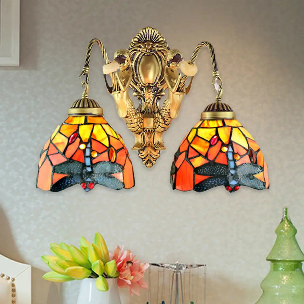 Tiffany Brass/White Stained Glass 2-Head Dome Sconce Wall Mount Light With Dragonfly Pattern Brass