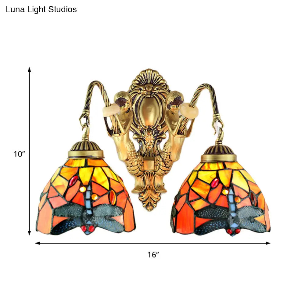 Tiffany Brass/White Stained Glass 2-Head Dome Sconce Wall Mount Light With Dragonfly Pattern