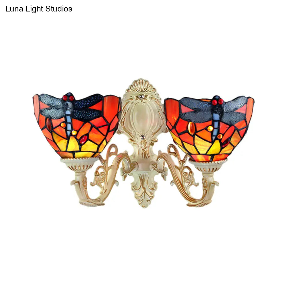 Tiffany Brass/White Stained Glass 2-Head Dome Sconce Wall Mount Light With Dragonfly Pattern