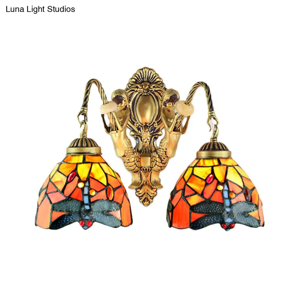 Tiffany Brass/White Stained Glass 2-Head Dome Sconce Wall Mount Light With Dragonfly Pattern