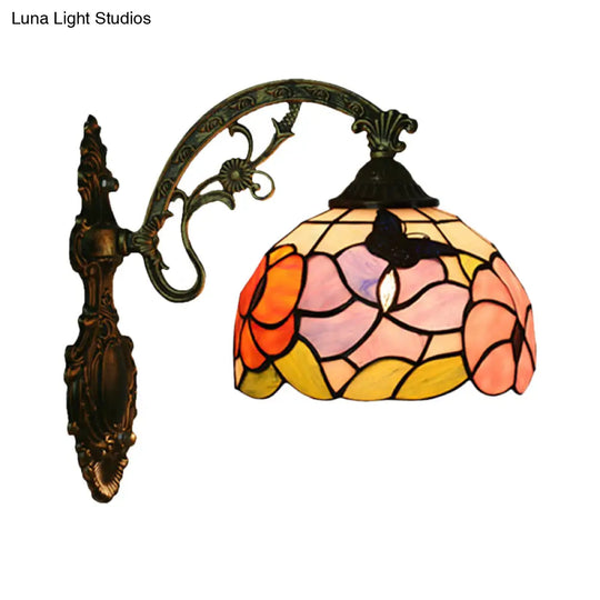 Tiffany Bronze Butterfly And Peony Wall Sconce - Stained Glass Mount Lamp