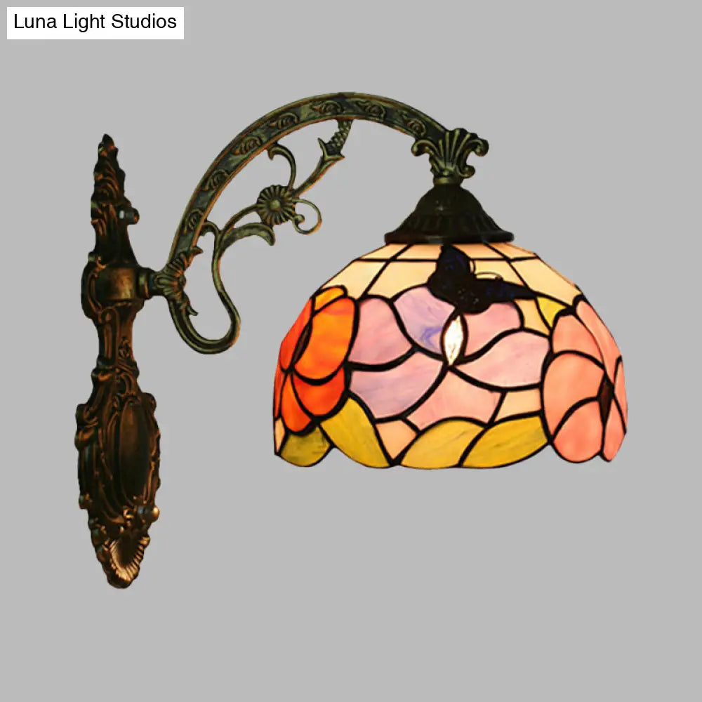 Tiffany Bronze Butterfly And Peony Wall Sconce - Stained Glass Mount Lamp