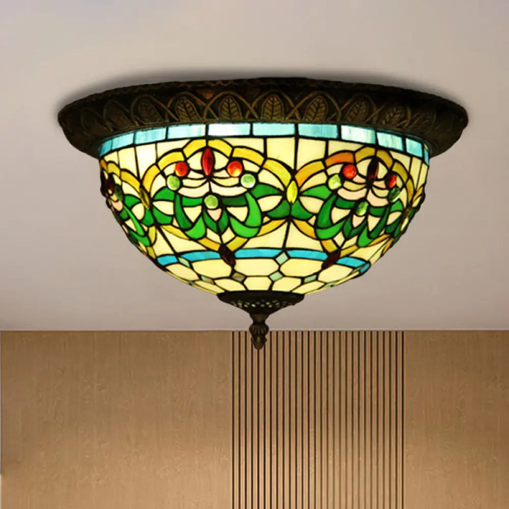 Tiffany Bronze Flush Mount 2 - Bulb Corridor Ceiling Lamp With Stained Glass Shade